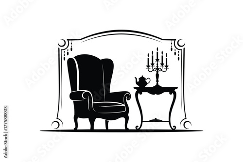 Elegant armchair with ornate table candelabra and teapot wingback chair