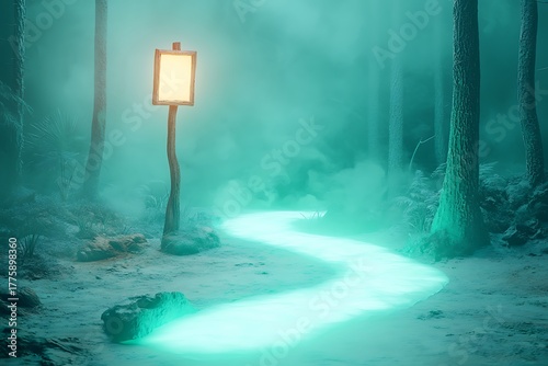 Ethereal Forest Path with Glowing Sign in Misty Atmosphere at Night
