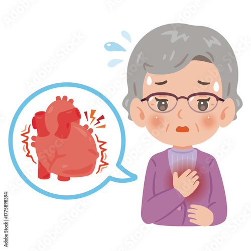 心臓がドキドキするシニア女性　上半身イラスト／Senior Woman with a pounding heart　upper body illustration