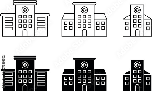 Hospital and building icon set. Hospital and healthcare line art, silhouette. Icon symbol of hospital building, healthcare, clinic.