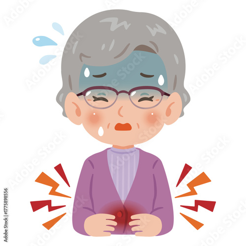 腹痛で苦しむシニア女性　上半身イラスト／Senior Woman suffering from abdominal pain　upper body illustration