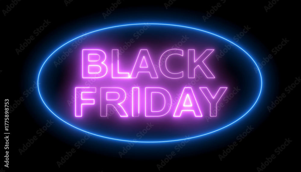 Obraz premium Black friday text in neon pink and blue oval frame against a black background, isolated on white background