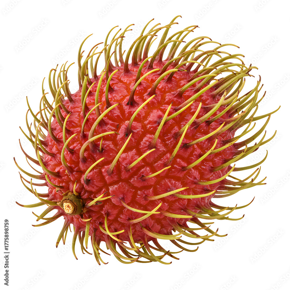 Fototapeta premium Vibrant exotic rambutan fruit showcasing its unique spiky texture and bright red skin with green tips, perfect for culinary and wellness concepts.