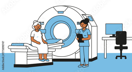 Ct scan illustration of patient and nurse in hospital setting