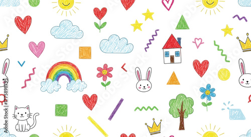 Hand Drawn Doodle Seamless Pattern Featuring Whimsical Shapes and Childlike Design