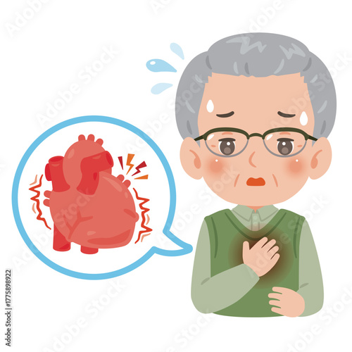 心臓がドキドキするシニア男性　上半身イラスト／Senior Man with a pounding heart　upper body illustration