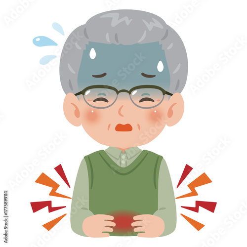 腹痛で苦しむシニア男性　上半身イラスト／Senior Man suffering from abdominal pain　upper body illustration
