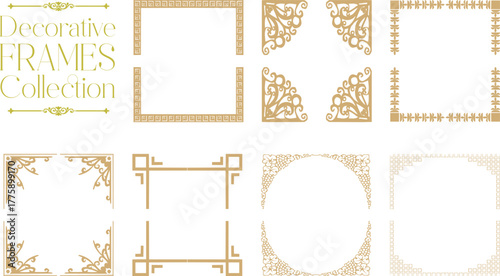 Gold geometric polygonal frames with decorative line borders, elegant luxury elements for wedding invitation, celebration banners, cards, posters, flyers and creative design decoration,