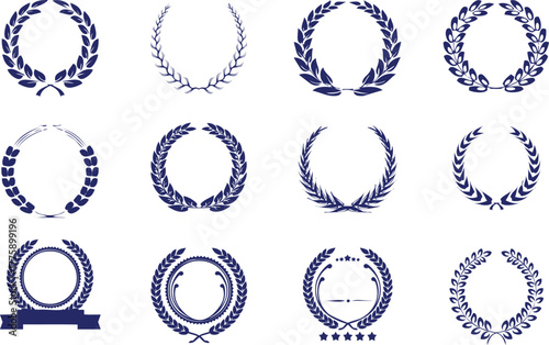 Gold laurel wreath and winner award set with olive leaves, victory stars, achievement badge, celebration emblem, elegant success honor trophy design elements,