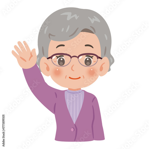 片手を高く上げたシニア女性　上半身イラスト／Upper Body Illustration of Senior Woman Raising One Hand High