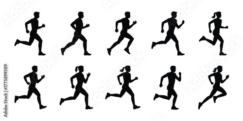 Diverse runners in motion black silhouettes on white background running athletes