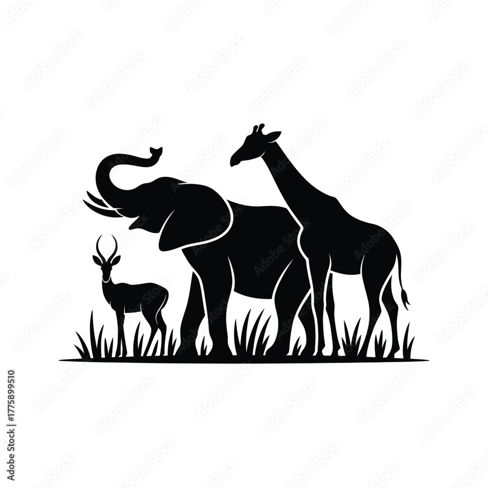 Fototapeta premium Elephant giraffe antelope silhouette savanna scene vector