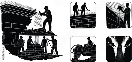 Silhouette vector illustration of construction workers building walls, laying bricks, installing steel reinforcement, mixing concrete, excavation, compaction, teamwork, safety, and industry