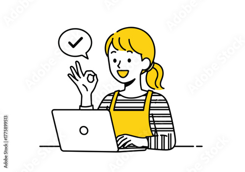 Woman with laptop wearing apron gives ok gesture and checkmark approval symbol - Flat Vector Illustration. Colored vector illustration