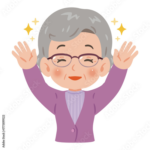 両手を上げて万歳する笑顔のシニア女性　上半身イラスト／Upper Body Illustration of Smiling Senior Woman Raising Both Hands in Victory