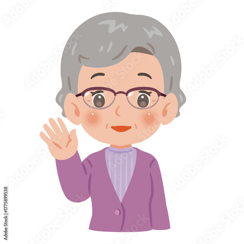 片手を上げて挨拶するシニア女性　上半身イラスト／Upper Body Illustration of Senior Woman Waving One Hand in Greeting