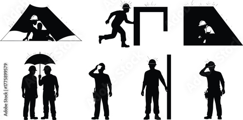 Silhouette vector illustration of construction workers facing head injury hazards, confined spaces, falling objects, low beams, workplace safety, awareness, training, and industry