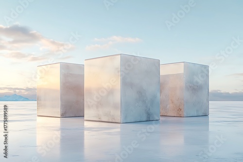 Three Reflective Cubes on an Icy Surface Under Bright Blue Sky and Soft Cloud Cover
