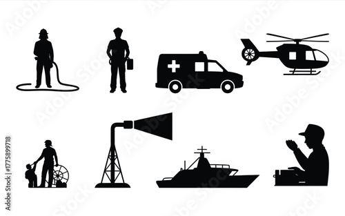 Emergency services rescue vehicles and personnel silhouettes firefighter