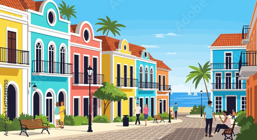 Colorful tropical town with palm trees and people relaxing by the sea