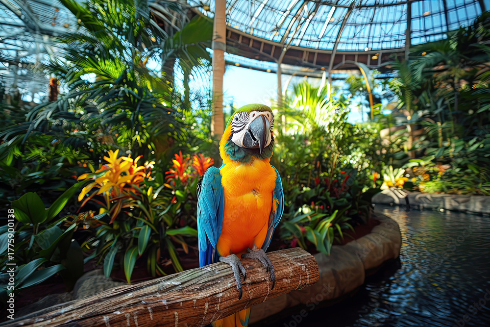 Obraz premium Inside the zoo dome, A vibrant parrot perches on a branch amidst lush tropical plants and colorful flowers in a sunlit indoor garden.