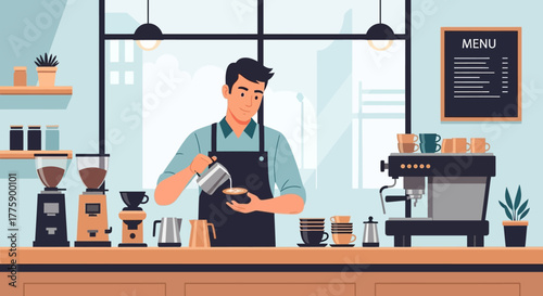 Skilled male barista meticulously preparing a specialty coffee, pouring steamed milk for latte art in a modern cafe setting
