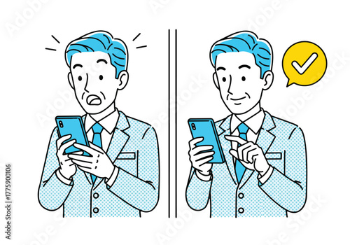 Man reacts to smartphone before and after positive news or success achieved - Flat Vector Illustration. Colored vector illustration