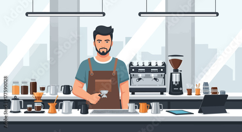 Professional male barista preparing fresh coffee behind the counter in a modern, clean coffee shop, surrounded by various equipment for brewing hot beverages