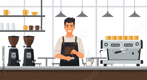 Barista preparing a hot beverage with professional coffee machine and grinders in a cafe setting, smiling at the viewer