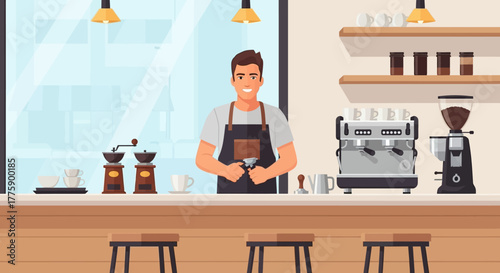 A friendly male barista in an apron stands behind the counter of a modern coffee shop, preparing to make fresh espresso with professional equipment