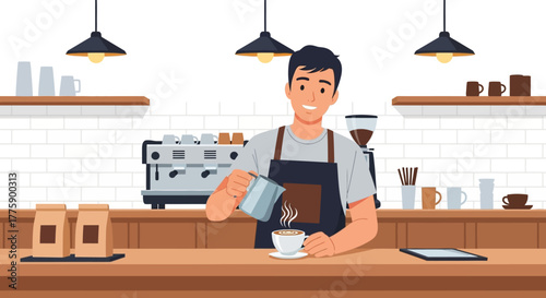 Illustration of a happy young barista making a fresh cup of coffee. The smiling man in an apron is pouring steamed milk into a mug at the cafe counter