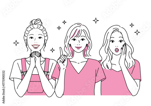 Diverse women showing different emotions and skin concerns with simple outline style - Flat Vector Illustration. Colored vector illustration