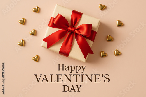 Elegant Valentine's Day composition featuring a gift box with a vibrant red ribbon bow and golden hearts on a pastel pink background