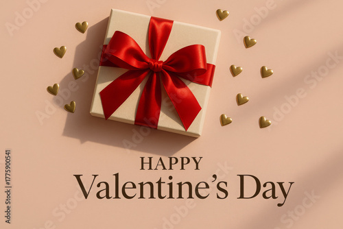 Elegant Valentine's Day gift box with a vibrant red satin ribbon and scattered golden hearts on a soft pink background, a symbol of love and affection