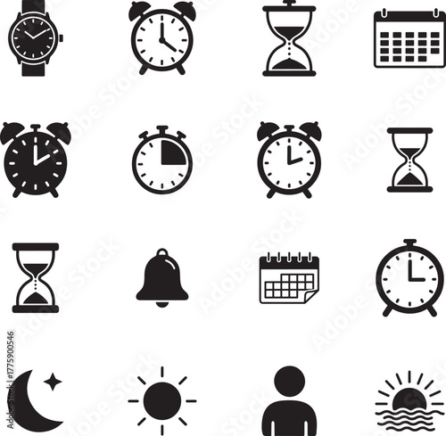 Time and Date Silhouette icon collection. Includes Silhouette symbols time, clock, calendar, watch, alarm and more. Isolated icons. Time icon set. Minimalist icons pack.