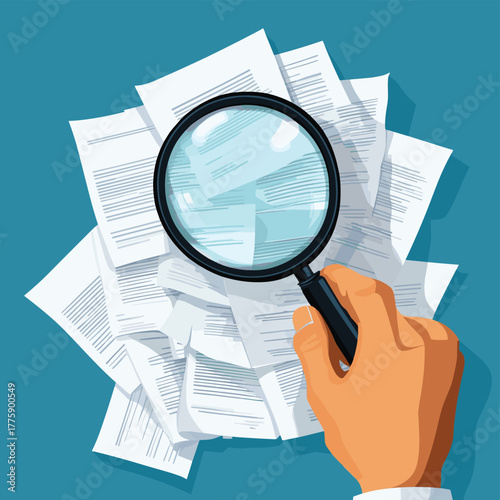 Detailed examination of important documentation using a magnifying glass   , vector style simple color