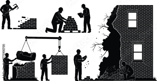 Silhouette vector illustration of construction workers laying bricks, repairing damaged walls, guiding crane, inspecting plans, teamwork, safety, maintenance, architecture, and industry