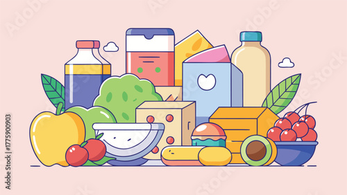 Various food items are circularly arranged, with the word food highlighted in the middle..eps