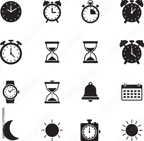 Time and Date Silhouette icon collection. Includes Silhouette symbols time, clock, calendar, watch, alarm and more. Isolated icons. Time icon set. 