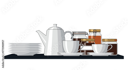 A still life of tableware, including a teapot, cups, saucers, plates, and jars of preserves.