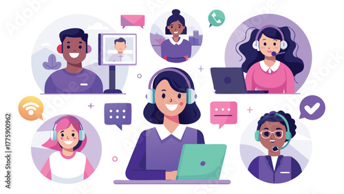 Illustration set depicting various call center scenarios, including agents, headsets, and customer interactions..eps