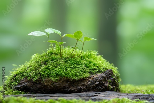 Young Green Plants Growing on Mossy Wood Log in a Serene Natural Environment