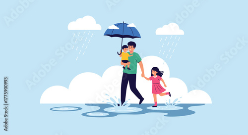 Father walks in the rain with his children under an umbrella splashing in puddles.