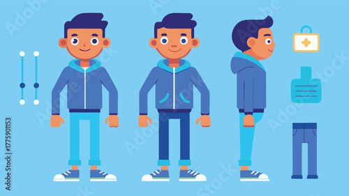 man in a blue sweatshirt and jeans poses in various stances, showcasing different expressions and movements..eps