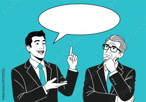 Two businessmen in suits discussing ideas with a blank speech bubble above them - Flat Vector Illustration. Colored vector illustration