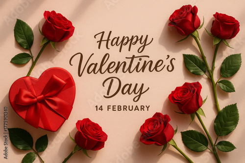 Romantic Valentine's Day flat lay composition with fresh red roses and a heart-shaped gift box on a soft pink background for the holiday celebration
