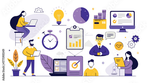 Visual representation of time management strategies featuring clocks, planners, and organizational tools..eps