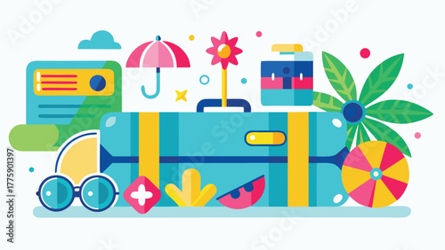 Cheerful summer vacation clipart depicting sun, sand, and beach accessories like umbrellas and flip-flops..eps