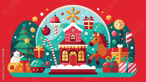 A cheerful Christmas arrangement showcasing a variety of ornaments, gifts, and festive items in a holiday setting..eps