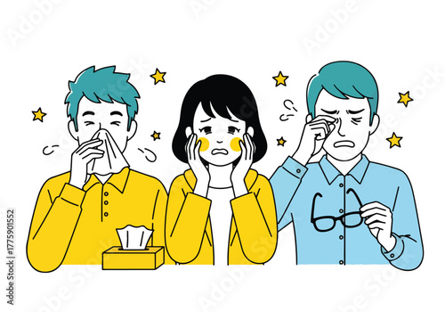 Allergy sufferers experiencing symptoms with pollen floating around them - Flat Vector Illustration. Colored vector illustration